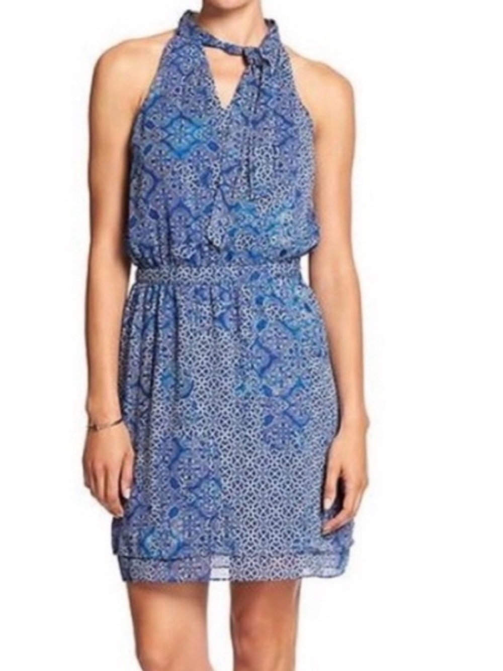 Banana Republic Blue Patterned Tie-Neck Sleeveless Dress